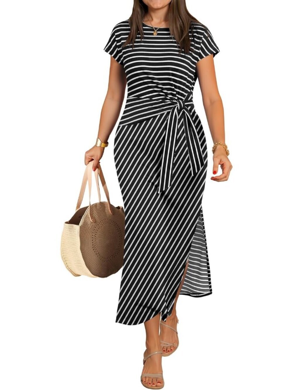 Anrabess Women's Black White Strip Casual Crew Neck Waist Wrinkle Fit Long Dress